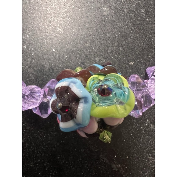 Handcrafted Artisan Purple Glass Beaded Necklace With Hand‎ blown Glass Flowers - Picture 3 of 8